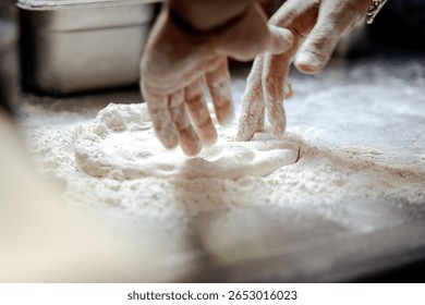 Close-up of a pizza maker preparing a pizza