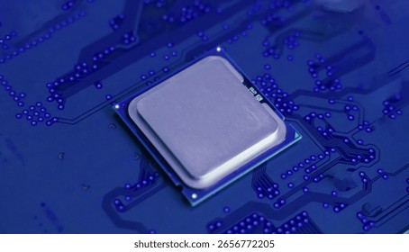 Close-up of a plain silver CPU chip mounted on a clean blue circuit board, symbolizing digital simplicity, core processing power, and electronic engineering.