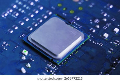 Close-up of a plain silver CPU chip mounted on a clean blue circuit board, symbolizing digital simplicity, core processing power, and electronic engineering. - Powered by Shutterstock - Get 15% off with code: PIKWIZARD15