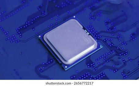 Close-up of a plain silver CPU chip mounted on a clean blue circuit board, symbolizing digital simplicity, core processing power, and electronic engineering.
