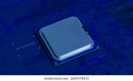 Close-up of a plain silver CPU chip mounted on a clean blue circuit board, symbolizing digital simplicity, core processing power, and electronic engineering.
