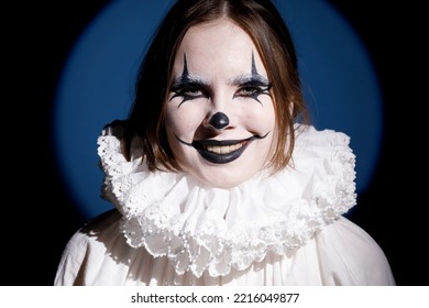 Close-up Planned Portrait Of A Terrible Clown With A Creepy Smile.