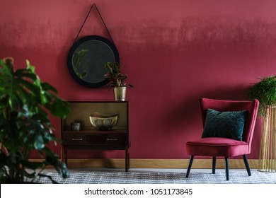 Close-up of a plant in sitting room interior with red armchair, retro cupboard, round mirror and dark red wall - Powered by Shutterstock