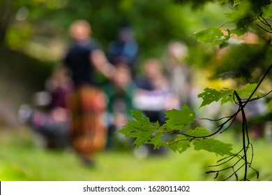 Closeup Of Plants Against People Listening Fairytale Story By Artist In Word And Spoken World Festival At City With Selective Focus