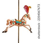 Close-up of a plastic horse of a carousel horses or merry-go-round (supported by a pole and with feathers on the head), isolated on white background. Italy, Europe.