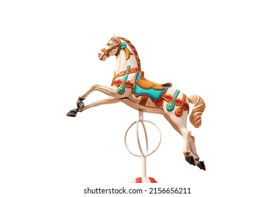 Close-up of a plastic horse of a carousel horses or merry-go-round isolated on white background. Italy, Europe.