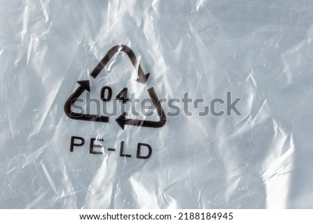 Close-up of plastic recycling symbol 04 PE-LD (Low-density polyethylene)  Plastic packaging