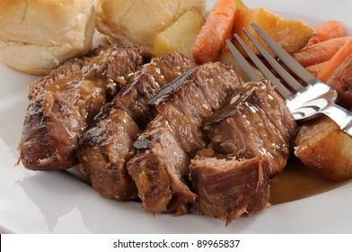 Closeup Of A Plate Of Beef Pot Roast With Mushroom Gravy