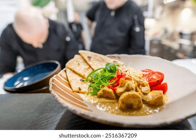 close-up of plated dish featuring curry and flatbread, garnished with fresh herbs and tomato, in a restaurant setting with chefs in the background. Perfect for culinary, dining, and restaurant themes - Powered by Shutterstock