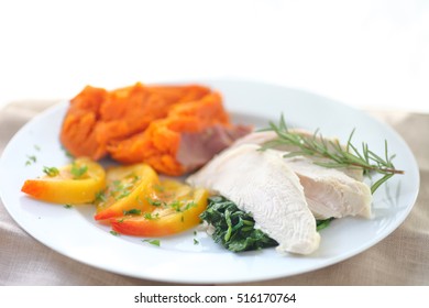 Closeup Of Poached Chicken Breast Slices On Baby Kale With Baked Sweet Potato And Heirloom Tomatoes