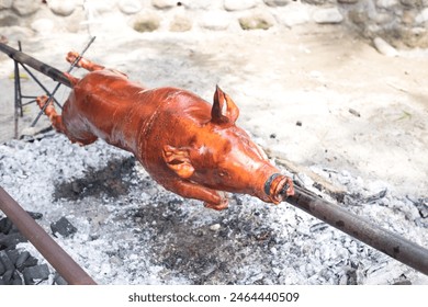 Closeup of the popular and delicious roasted pig known as "lechon baboy" skewered on a spit over burning charcoals on slow cooking or grilling. Selective focus. - Powered by Shutterstock