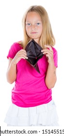 Closeup Portrait Of Adorable, Cute Girl With Sad Face Showing Empty Wallet, Isolated On White Background