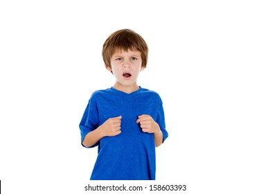 Closeup Portrait Of Adorable Kid Pointing At Himself Angry And Asking Are You Talking To Me, Isolated On White Background With Copy Space