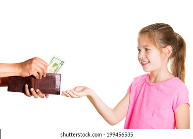 Closeup Portrait Adorable Little Girl Demanding, Asking Money For Allowance, Guy Pulls Out Money, Cash, Dollar Bills From Wallet To Give Her, Isolated White Background. Family Budget Concept