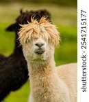 Closeup portrait of adorable white alpaca during a daily graze in Scottish Galloway hills. Beautiful furry animal on bright blurry green and flowery background.