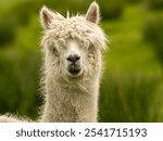 Closeup portrait of adorable white alpaca during a daily graze in Scottish Galloway hills. Beautiful furry animal on bright blurry green and flowery background.