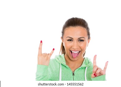 Closeup Portrait Of Adorable, Young Girl Showing Hook Them Horns Signs With Both Hands, Isolated On White Background With Copy Space