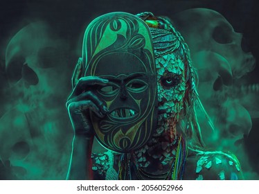Close-up portrait of an African shaman female from the indigenous African tribe, wearing traditional costume. Make-up concept. - Shutterstock ID 2056052966