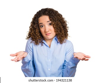 Closeup Portrait Angry Unhappy Young Woman With Arms Out Asking What Is Problem Who Cares So What I Dont Know. Isolated White Background. Negative Human Emotion, Facial Expression, Reaction Perception