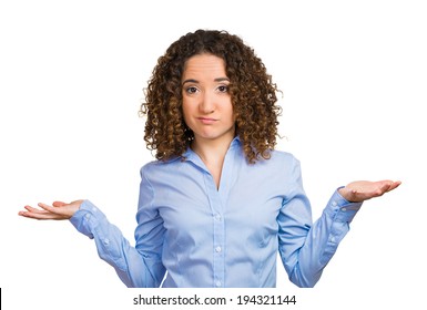 Closeup Portrait Angry Unhappy Young Woman With Arms Out Asking What Is Problem Who Cares So What I Dont Know. Isolated White Background. Negative Human Emotion, Facial Expression, Reaction Perception