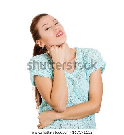 Closeup portrait of annoyed, unhappy, grumpy, chesty looking young woman with a very skeptical look on face, isolated on white background. Human negative emotions, facial expressions