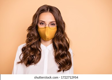 Closeup portrait of attractive lovely pretty fascinating adorable shine content wavy secretary assistant employee wear specs shirt flu facial mask isolated beige pastel background - Powered by Shutterstock