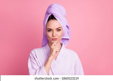 Close-up portrait of attractive minded suspicious girl wearing turban on head thinking touching chin isolated over pink pastel color background - Powered by Shutterstock