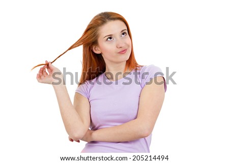 Closeup portrait attractive skeptical woman twirling hair in fingers upset plotting revenge, thinking, deciding isolated white background. Negative human emotion, facial expression, feelings, attitude