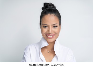 Close-up Portrait Of Attractive Woman Casual Portrait In Positive View, Big Smile, Beautiful Model Posing Outdoor Over White Background.