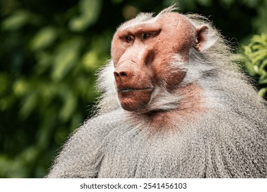 A close-up portrait of a baboon sitting in front of a backdrop of lush greenery - Powered by Shutterstock