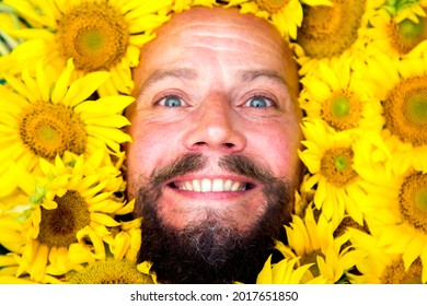Close-up portrait of a bearded man in sunflower flowers.