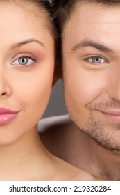 Closeup Portrait Of Beautiful Happy Couple. Half Face Of Naked Man And Woman Isolated On White Background