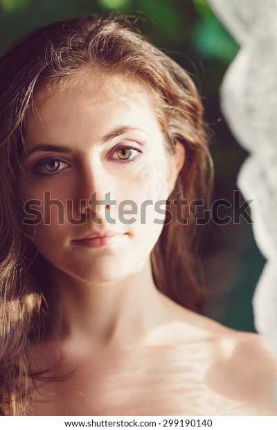 Closeup Portrait Beautiful Innocent Caucasian Adult Stock