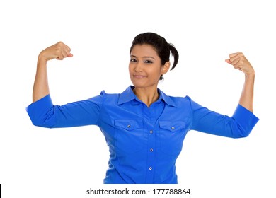 Closeup portrait of beautiful, pretty young model woman flexing muscles showing displaying her gun show, isolated on white background. Positive emotion facial expression feelings, attitude, perception