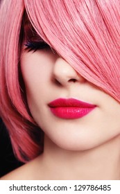 Close-up Portrait Of Beautiful Woman With Pink Hair And Bright Lips