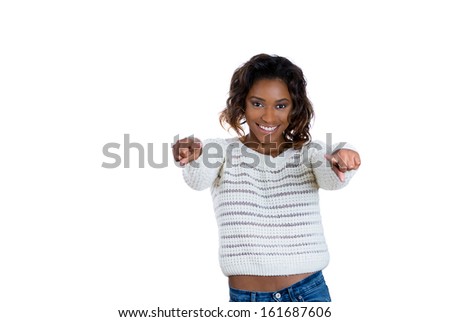 Closeup portrait of beautiful young teenager woman pointing at you camera gesture with two hands, isolated on white background with copy space. Positive emotions facial expressions signs and symbols
