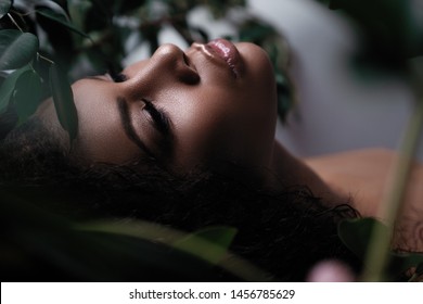 Closeup portrait of a beautiful young woman with perfect smooth glowing skin, full lips and loose black hair. An african american female model with fresh makeup on her face. Verdure and beauty