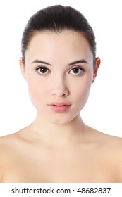 Close-up portrait of beautiful young woman, isolated over white background