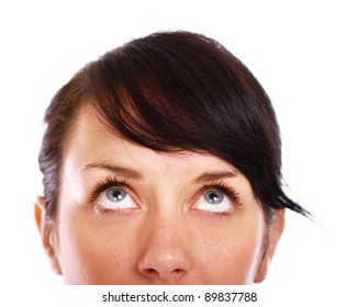 Closeup Portrait Of A Beautiful Young Woman Looking Up, Looking Up, Isolated On White Background