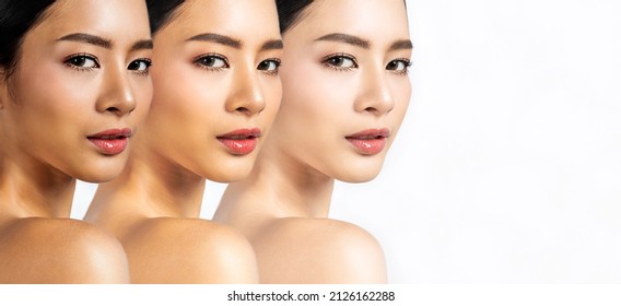 Closeup portrait of beauty asian woman with fair perfect healthy glow facial skin treatment, beautiful suntan burn, problem skin tone isolated on white, young beauty asia girl face spa skincare banner