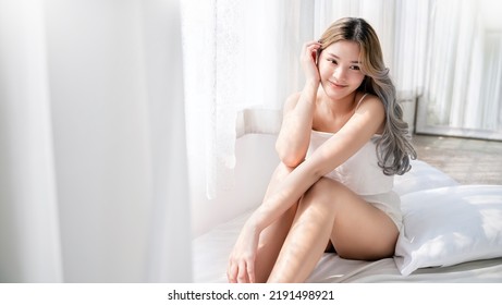 Closeup Portrait Of Beauty Asian Woman With Fair Perfect Healthy Glow Skin Hand Touching Cheek Chin Copy Space, Young Beautiful Asia Girl With Pretty Smile Face Beauty Korean Women Spa Skincare Banner