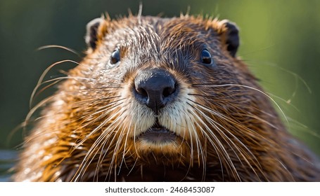 Close-up portrait of a Beaver's face. Forest blure background