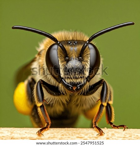 A close-up portrait of a bee, showcasing its intricate details and large, compound eyes. The bee is perched on a wooden surface, with a blurred green background.