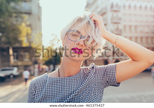 Closeup Portrait Blonde Girl Short Hair Stock Photo Edit Now