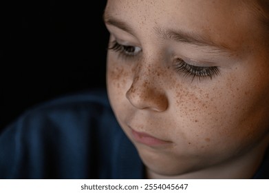 Close-up portrait of a boy with large blue eyes, long dark eyelashes, and a face full of freckles - Powered by Shutterstock