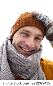 Closeup Portrait Of Carefree Young Man Smiling At Camera In Winter, Selfie POV