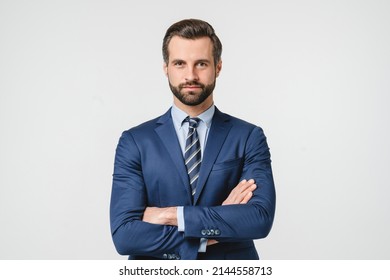 Closeup portrait of caucasian handsome businessman freelancer boss ceo tutor teacher manager in formalwear suit with arms crossed isolated in white background