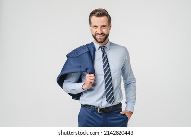 Closeup Portrait Of Caucasian Successful Young Businessman Ceo Bank Employee Freelancer Worker In Formal Suit Looking At Camera Isolated In White Background