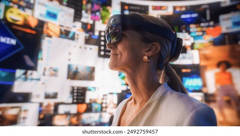 Closeup Portrait Of Caucasian Woman Wearing Augmented Reality Glasses And Surfing Animated Network Of Social Media, Online Games, Web Content. Visualization Of AR Interface With Internet Entertainment - Powered by Shutterstock
