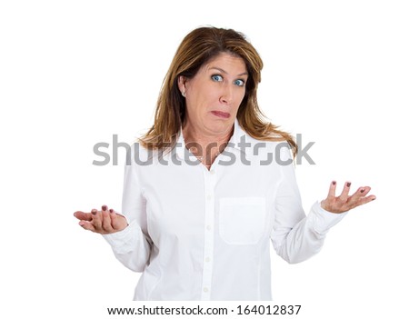 Closeup portrait of clueless, puzzled woman with arms out asking what's the problem, who cares, so what, I don't know, isolated on white background. Negative human emotion, facial expression, attitude